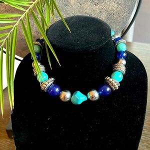 Faux Turquoise bib necklace with oversized beads, fashion necklace 8”+3”extender